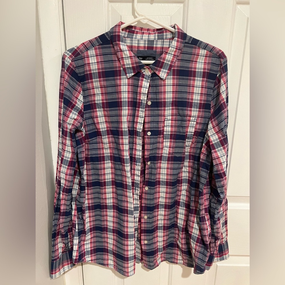 Button Down Plaid Shirt- Size Large Boyfriend Fit- Gap Factory